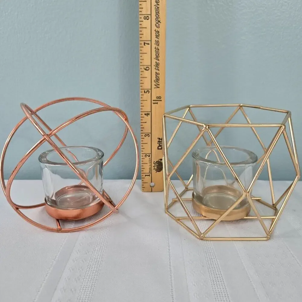 Votive Tealight Candle Holders Modern Geometric Metal Gold & Rose  - Set of 2